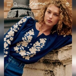 Sezane Saveria Blouse Blue With Ecru Embroidery - Size 4